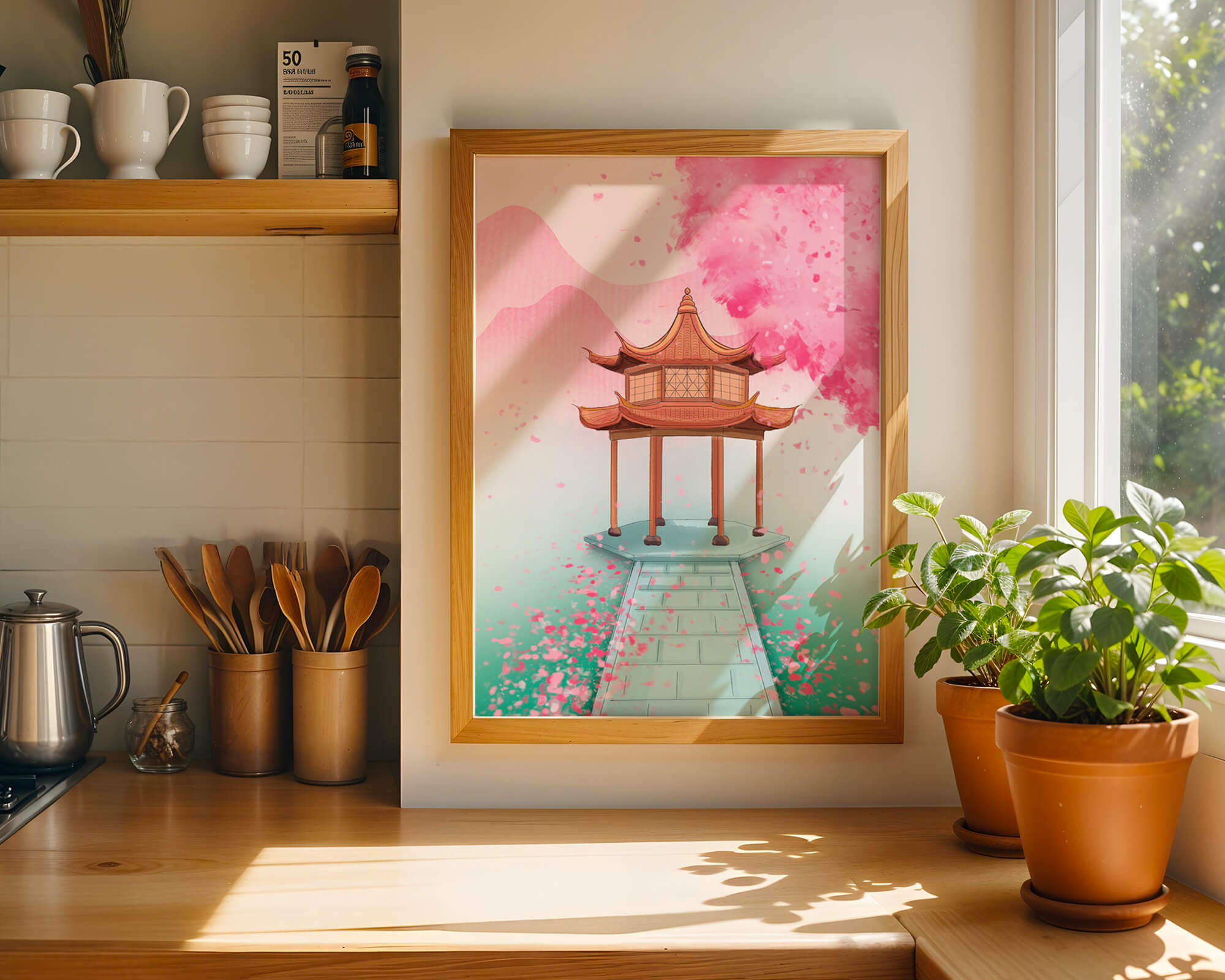 Traditional Asian gazebo surrounded by cherry blossoms