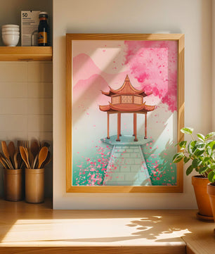 Traditioneller asiatischer Pavillon, umgeben von Kirschblüten