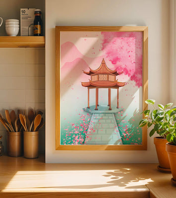 Traditional Asian gazebo surrounded by cherry blossoms
