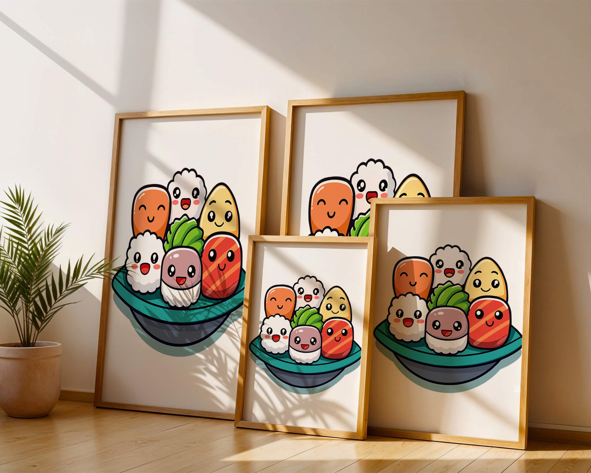 Adorable cartoon sushi characters in a bowl illustration