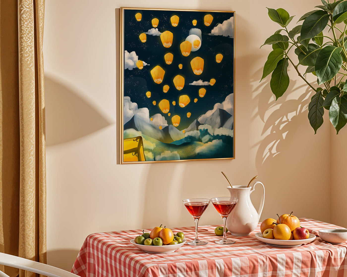 Lanterns floating in a starry night sky over mountains