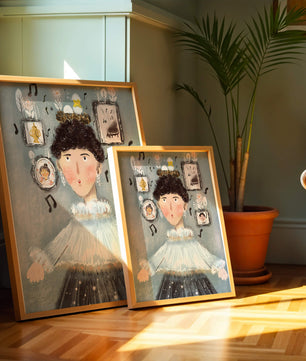 Retrato ilustrado caprichoso con elementos musicales y dorados