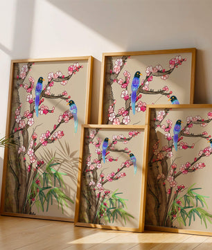 Illustration sereine d’oiseaux sur des branches en fleurs avec des feuilles de bambou