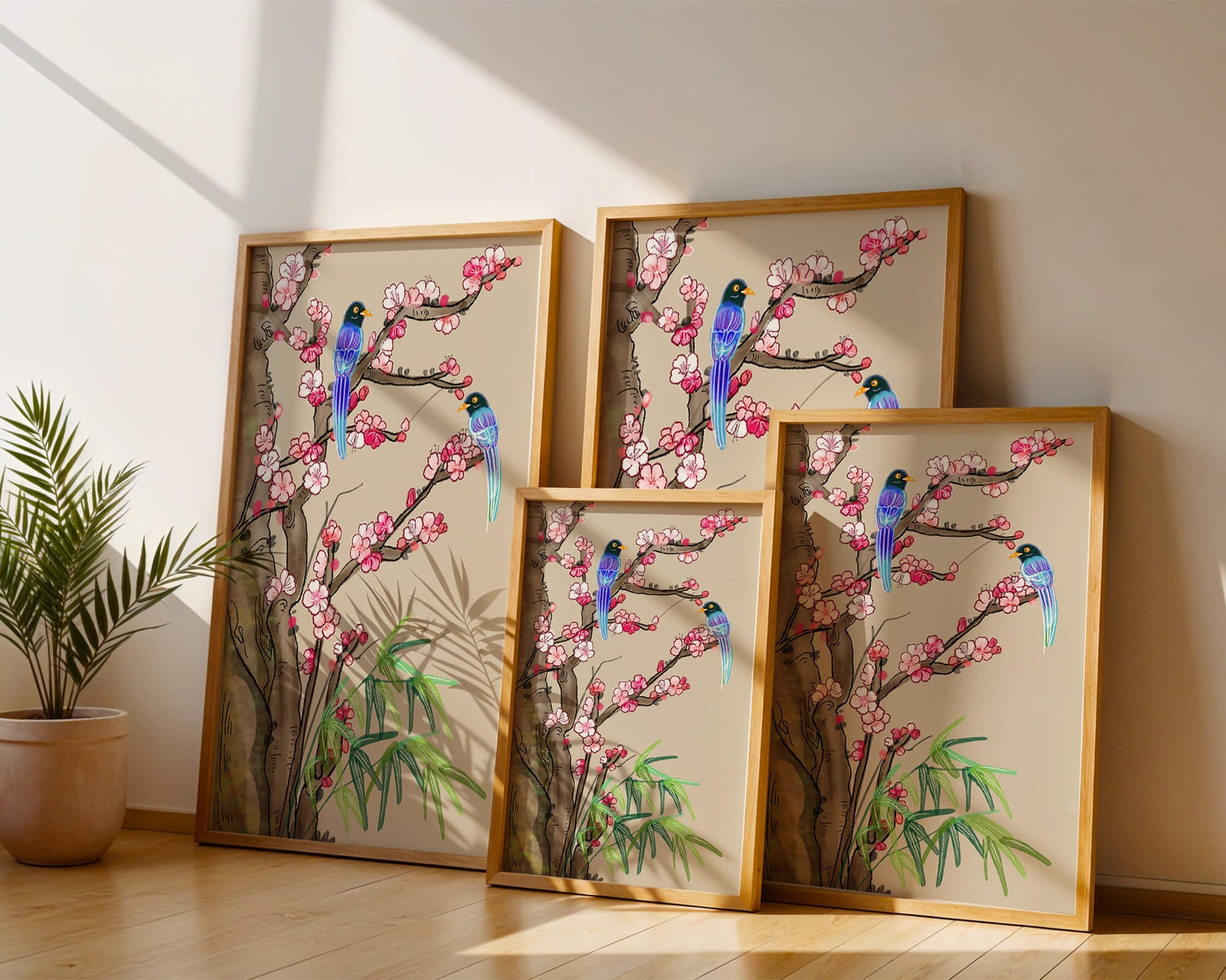 Illustration sereine d’oiseaux sur des branches en fleurs avec des feuilles de bambou