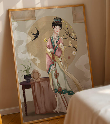 Elegant traditional Asian lady in classic attire with nature elements