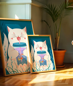 Playful cat with a fish tank tumbler in the underwater scene illustration