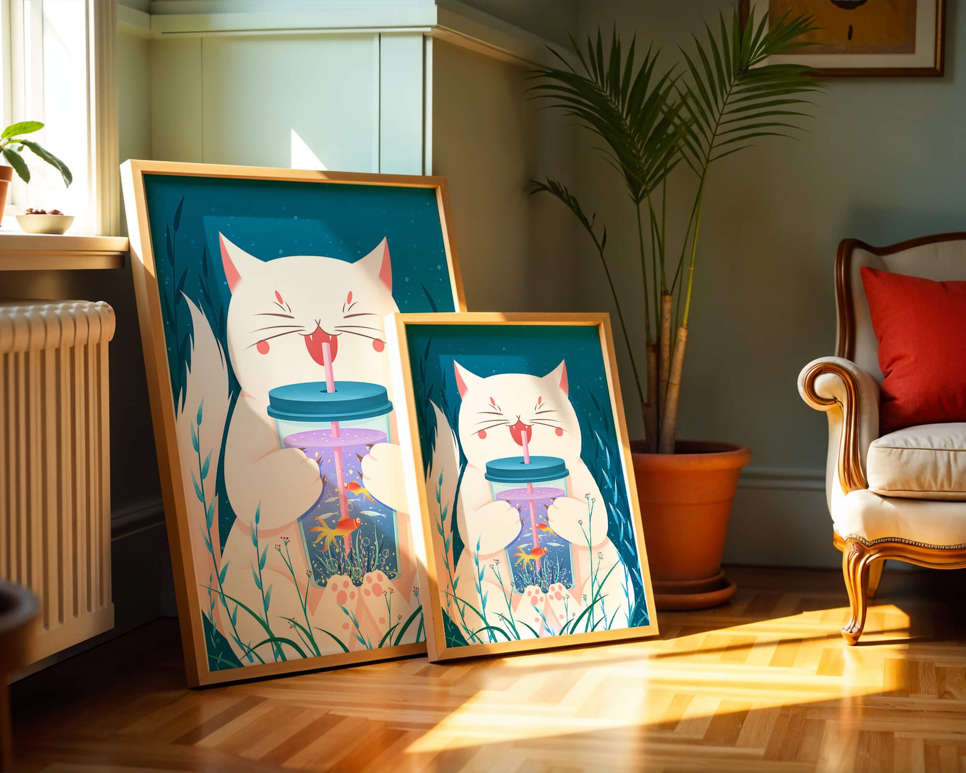 Playful cat with a fish tank tumbler in the underwater scene illustration