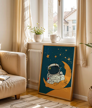 Charming Astronaut Sitting on a Crescent Moon with Stars in Space - Mi tienda