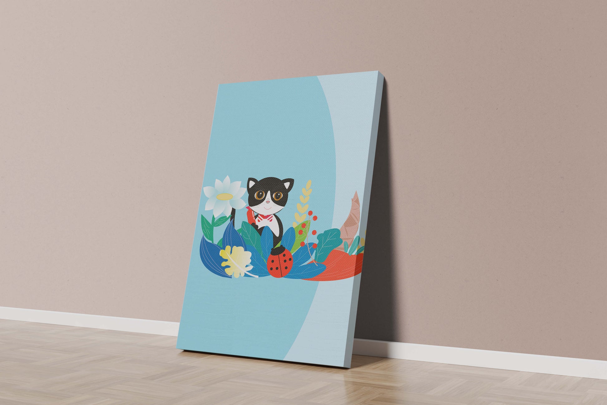 Ilustración de un gato con mariquita y flores sobre fondo azul claro