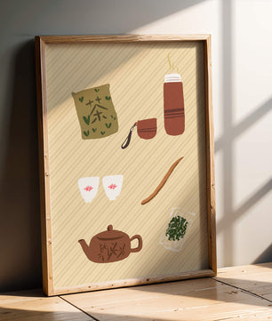 Illustración de un juego de té tradicional con hojas de té y accesorios
