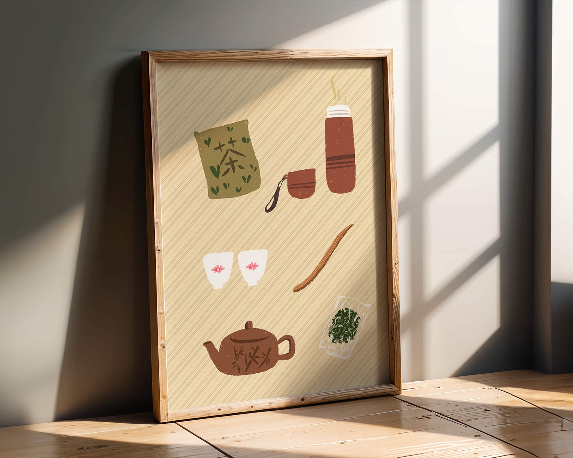 Illustración de un juego de té tradicional con hojas de té y accesorios