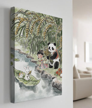 Escena caprichosa con un panda y un conejo junto al río