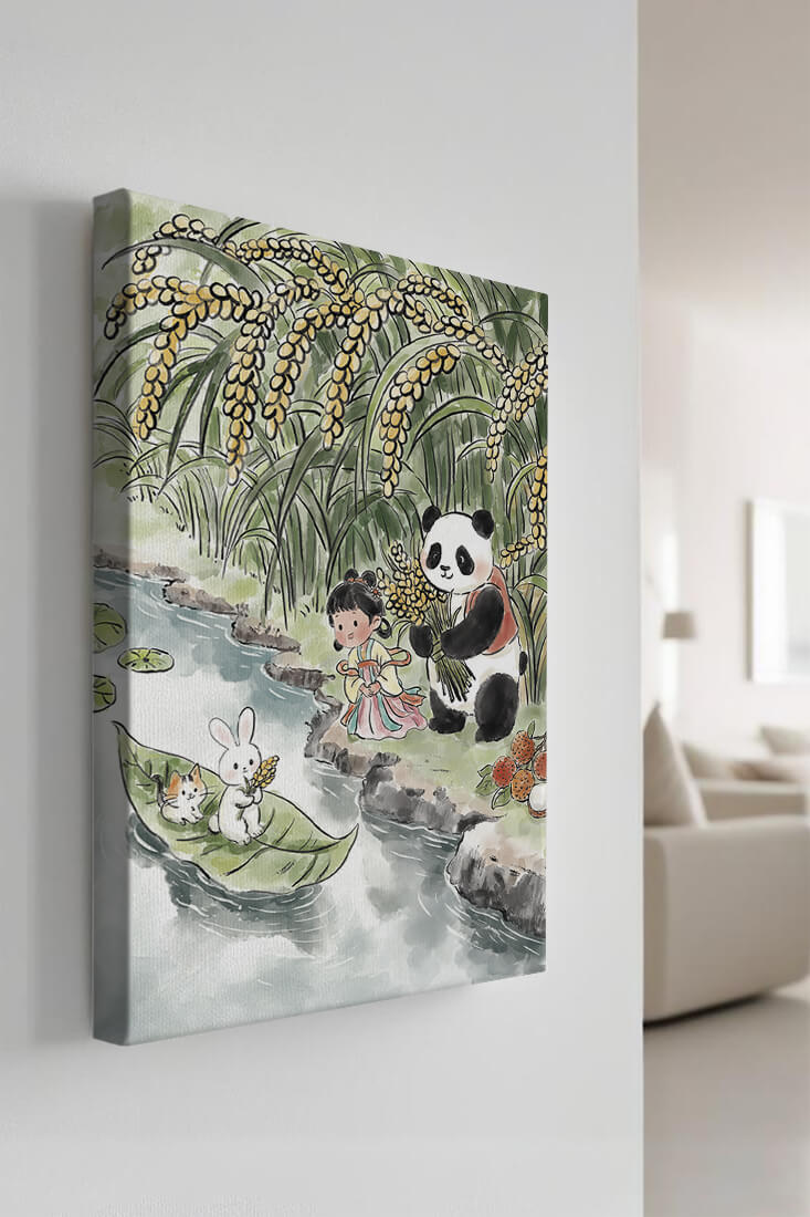 Escena caprichosa con un panda y un conejo junto al río
