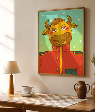 Cartoon cow character in a red coat against a snowy background