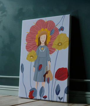 Fille dans un pays des merveilles fleuri avec des couleurs pastel et des fleurs vibrantes
