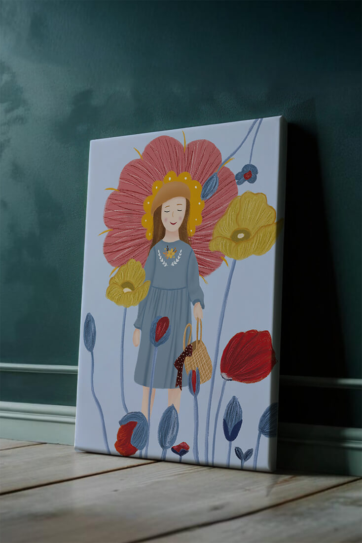 Fille dans un pays des merveilles fleuri avec des couleurs pastel et des fleurs vibrantes