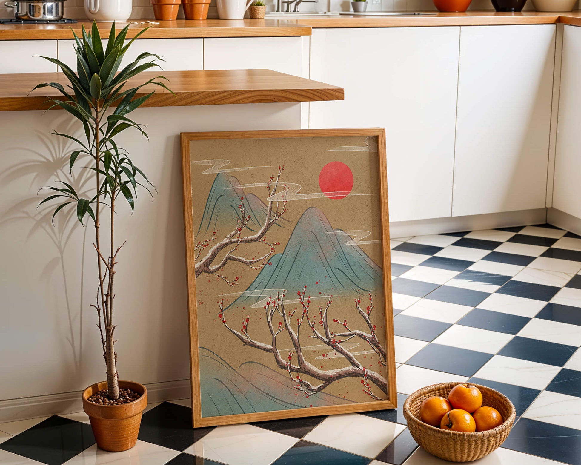 Tranquil landscape with cherry blossom and red sun