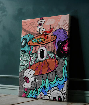 Ilustración abstracta surrealista colorida con un ojo vívido y elementos surrealistas