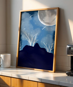 Paysage nocturne d'hiver avec arbres nus et pleine lune