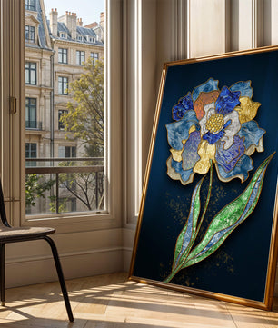 Diseño floral texturizado y colorido con contornos dorados sobre fondo oscuro