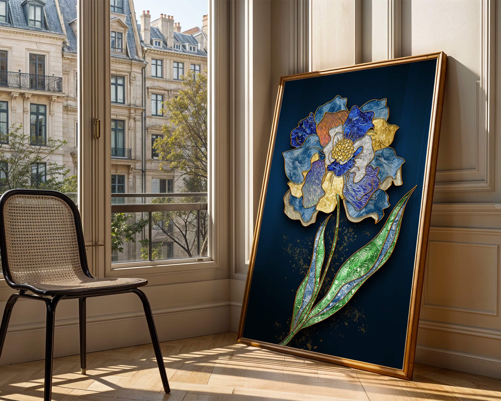 Diseño floral texturizado y colorido con contornos dorados sobre fondo oscuro