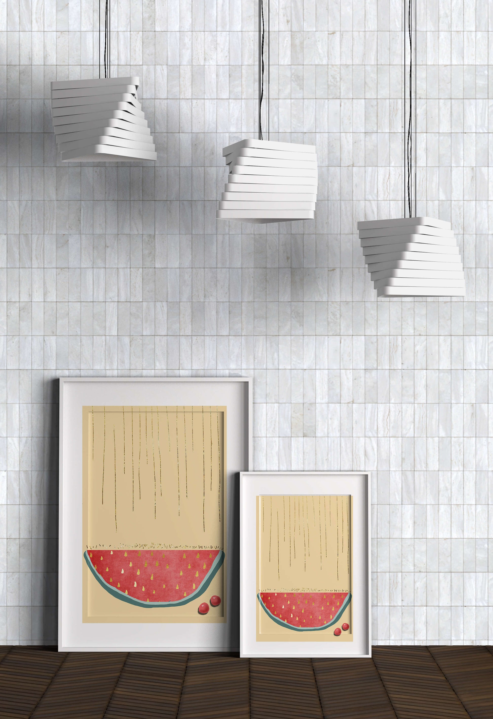 Abstract Watermelon Slice with Gold Accents on Minimalist Background