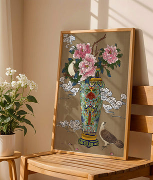 Elegante jarrón de estilo asiático con peonías y pájaros
