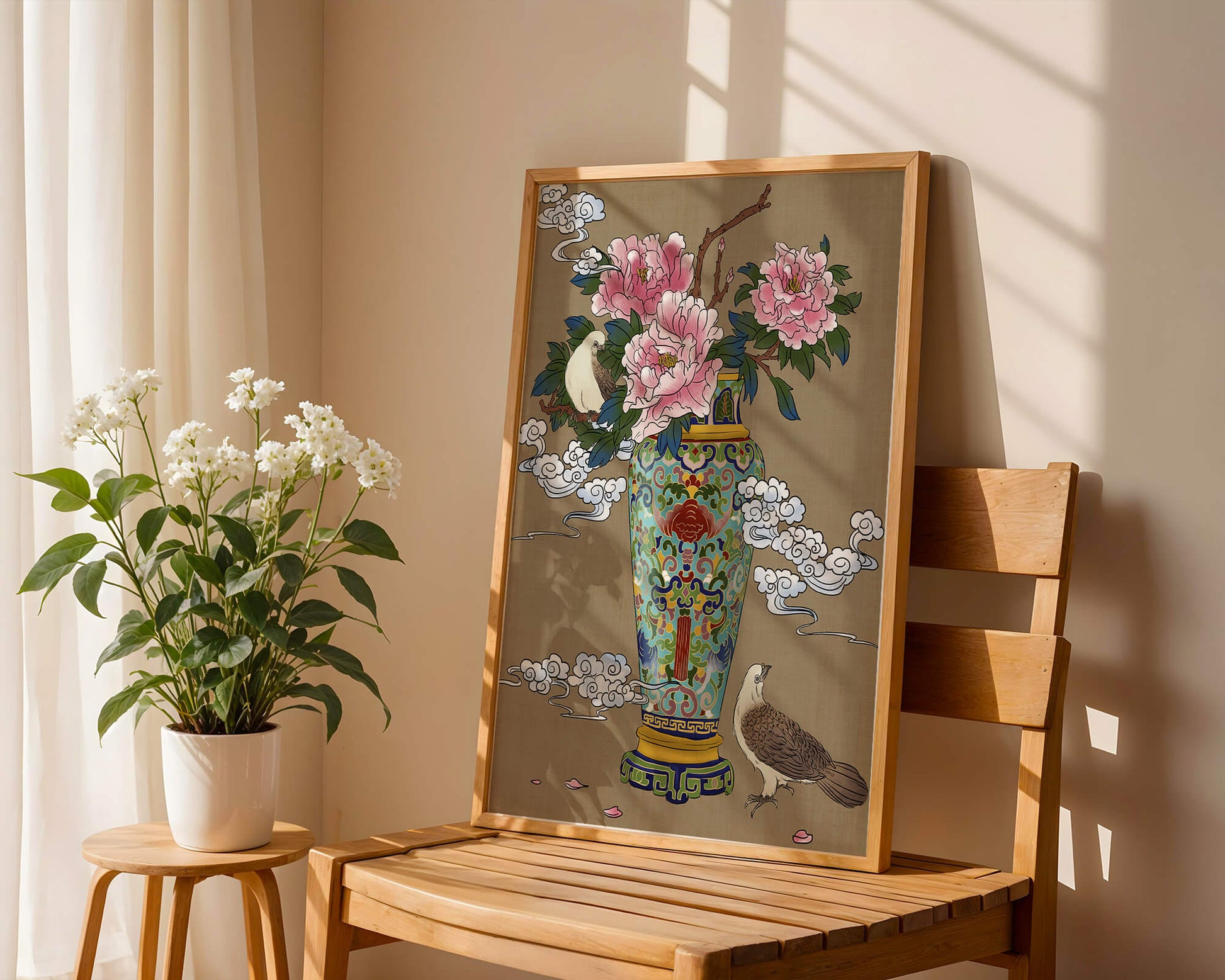 Elegant Asian Style Vase with Peonies and Birds