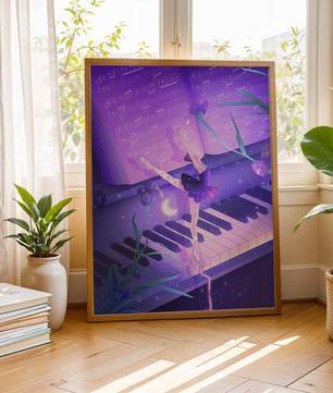 Graceful Ballerina Dancing on Piano Amidst Flowers and Musical Notes