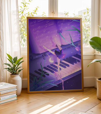 Graceful Ballerina Dancing on Piano Amidst Flowers and Musical Notes