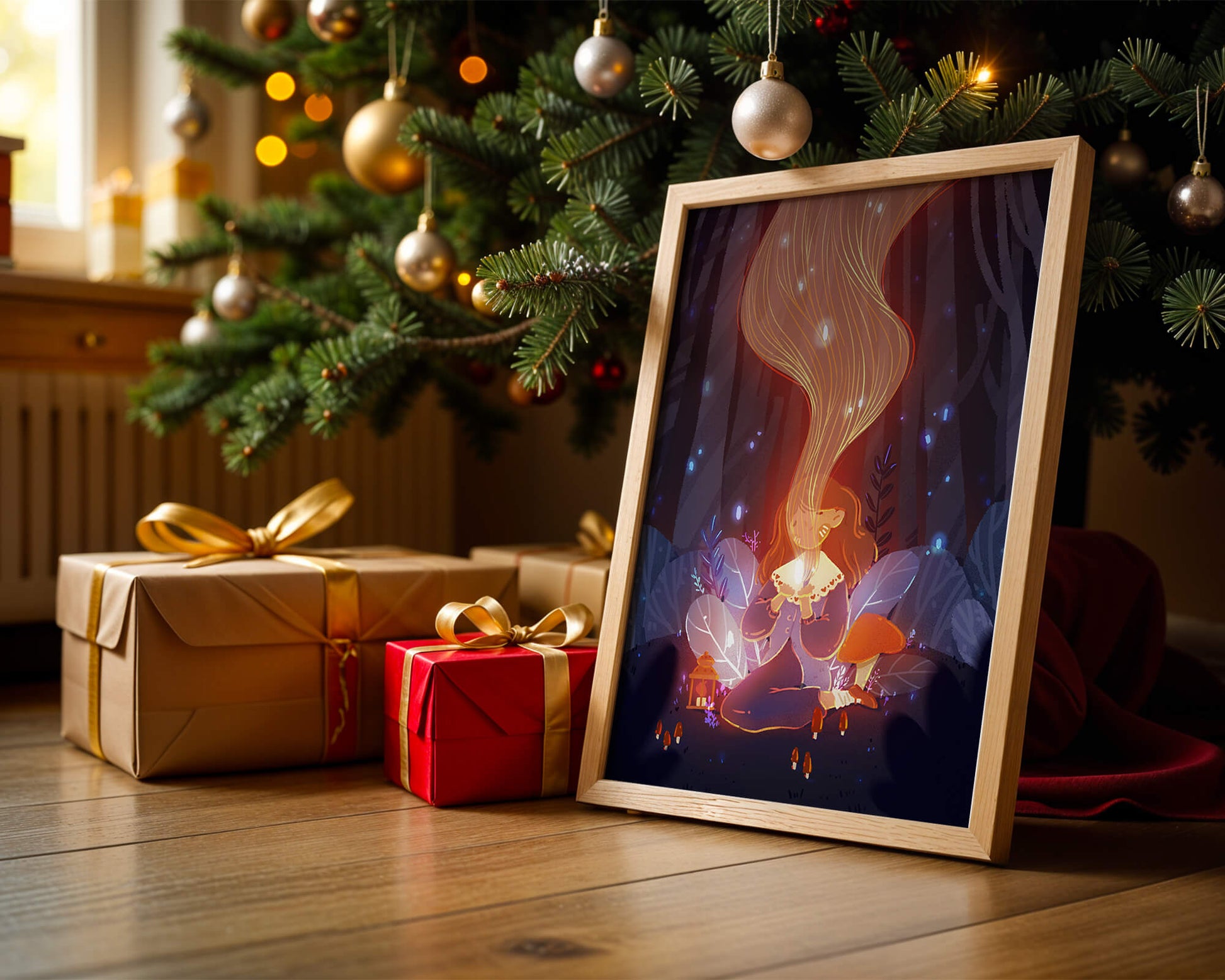 Magical forest scene with lantern and glowing hair