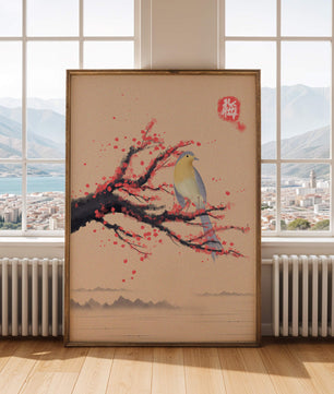Oiseau serein sur une branche de cerisier dans le style artistique asiatique traditionnel