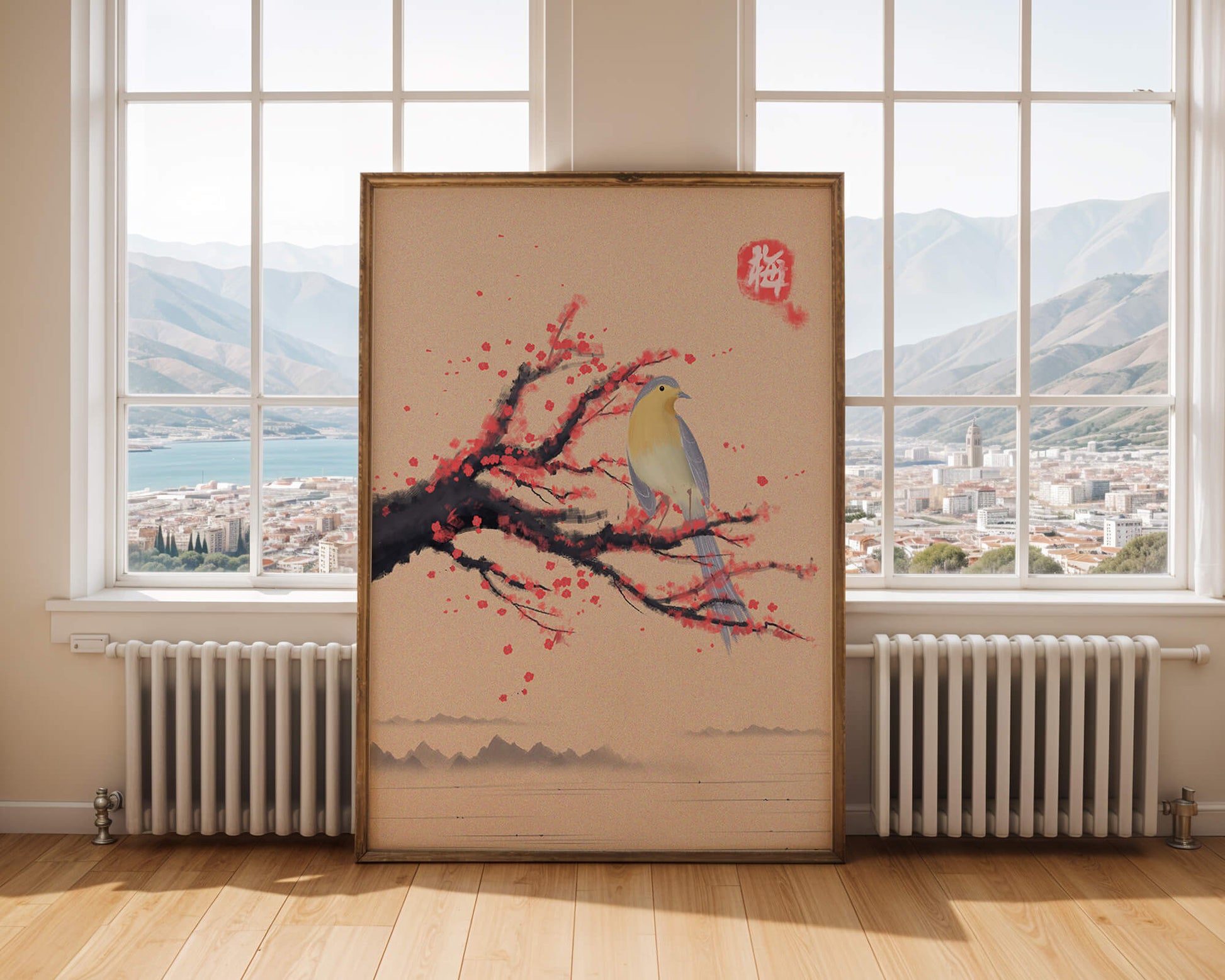 Serene bird on cherry blossom branch in traditional Asian art style