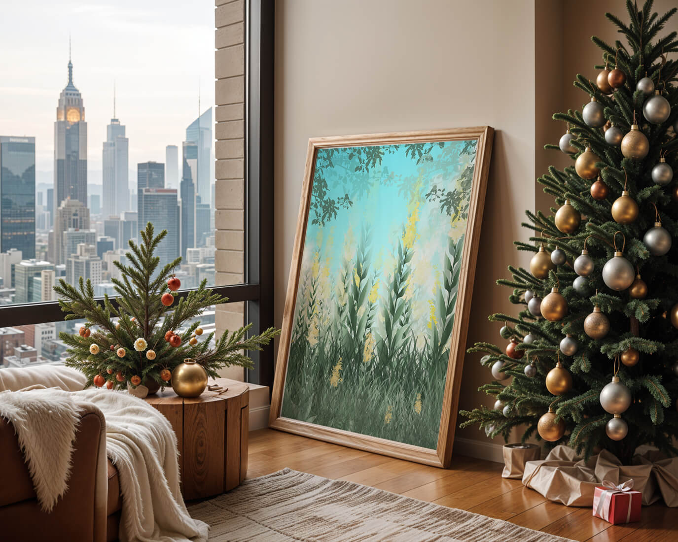 Jardín sereno con hojas verdes altas y flores amarillas bajo el cielo azul