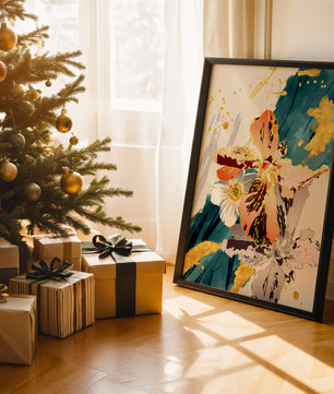 Obra de arte floral abstracta elegante con detalles dorados