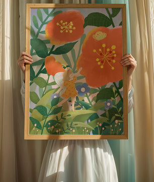 Whimsical illustration of a fairy child in a vibrant floral landscape