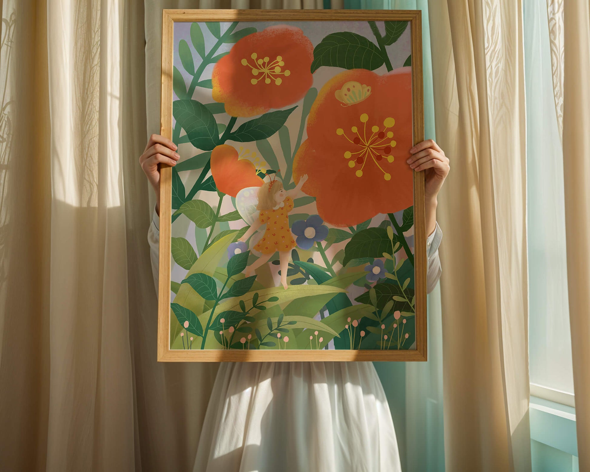 Whimsical illustration of a fairy child in a vibrant floral landscape