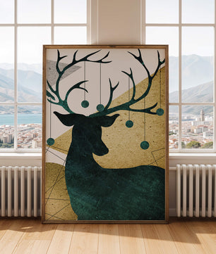 Silueta de un ciervo con fondo abstracto dorado y verde