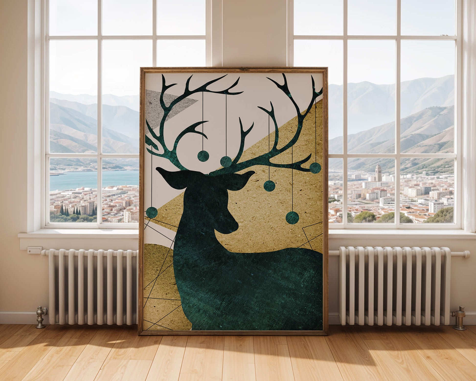 Silhouette of a Deer with Abstract Gold and Green Background