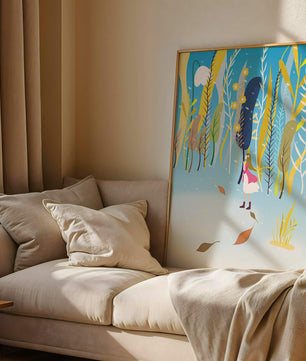 Ilustración caprichosa de una niña en un bosque abstracto vibrante