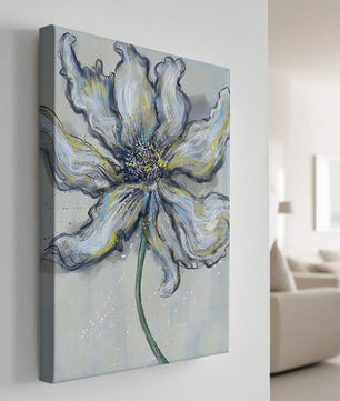 Elegant blue and green abstract floral artwork with flowing lines