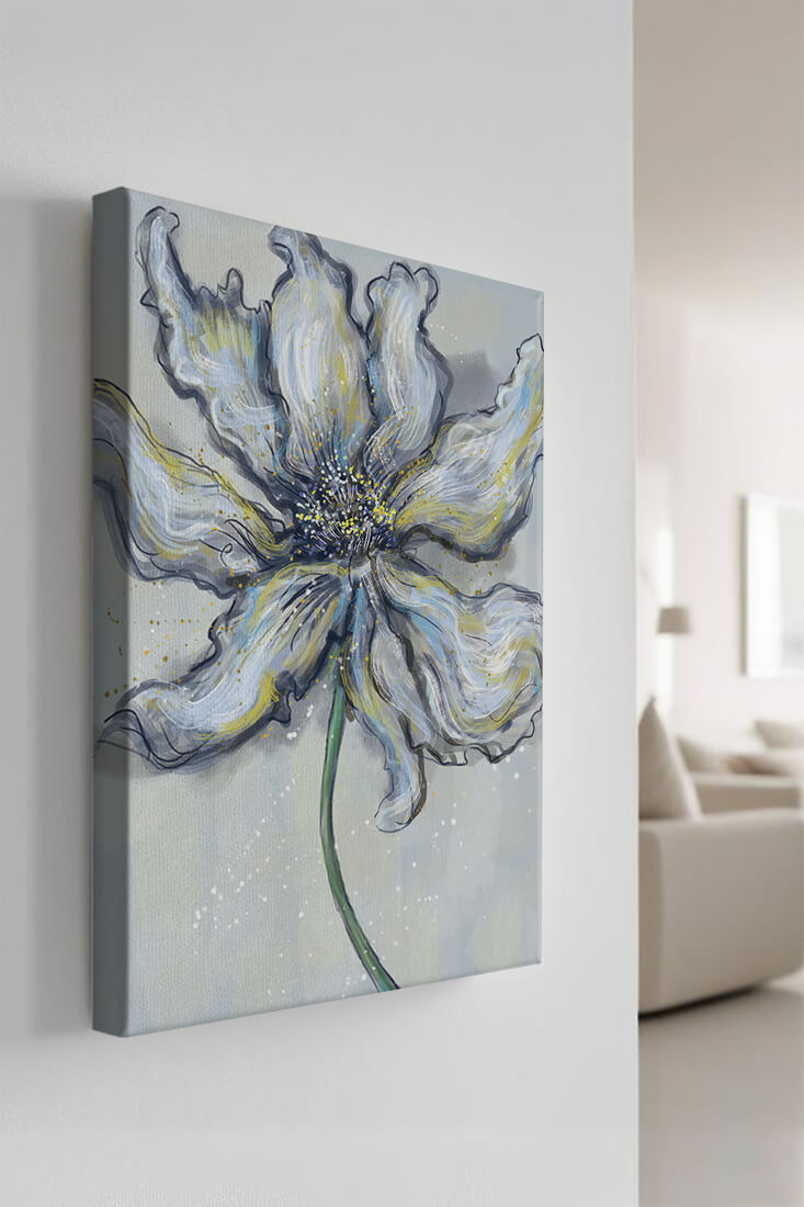 Elegant blue and green abstract floral artwork with flowing lines