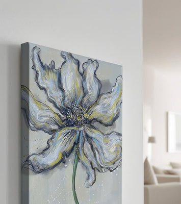Elegant blue and green abstract floral artwork with flowing lines