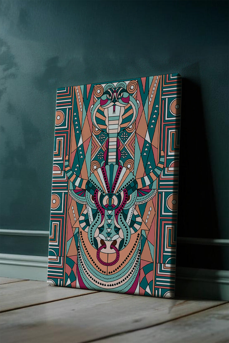 Arte tribal geométrico con motivos de serpiente y toro