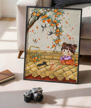 Charming illustration of a child with cats on a rooftop beneath a fruit tree