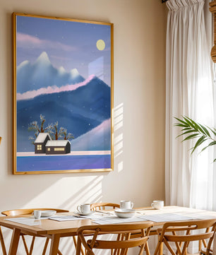 Paysage de montagne enneigée avec des maisons et des arbres sous la lumière de la lune