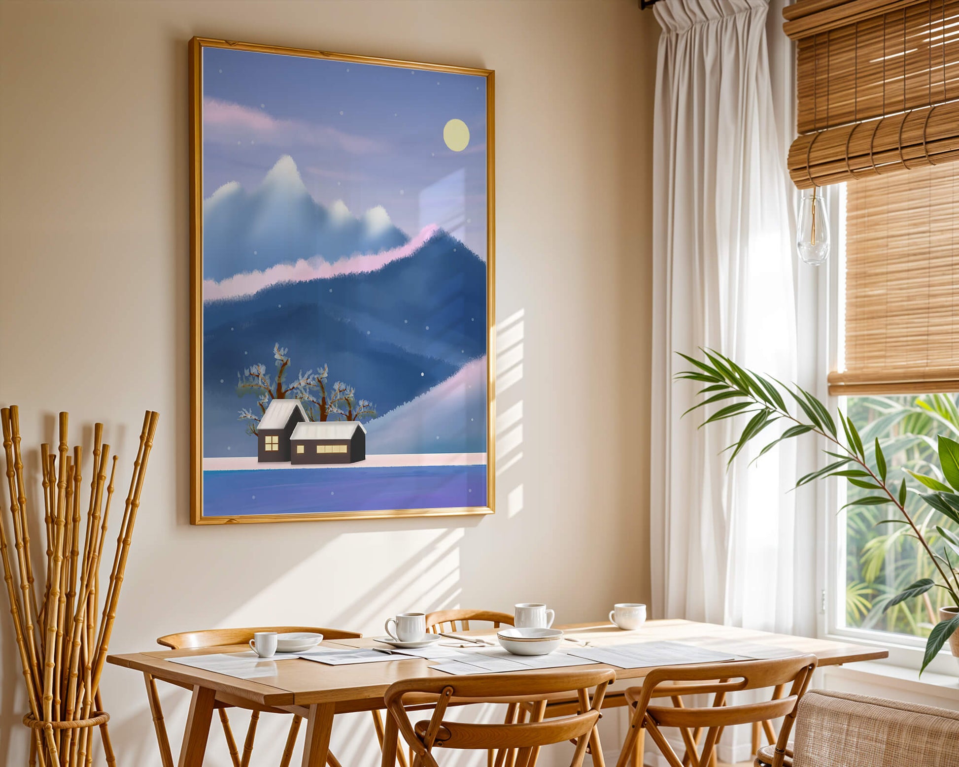 Paysage de montagne enneigée avec des maisons et des arbres sous la lumière de la lune