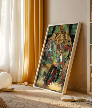 Art fantastique élégant d'une femme avec un dragon majestueux et des éléments dorés