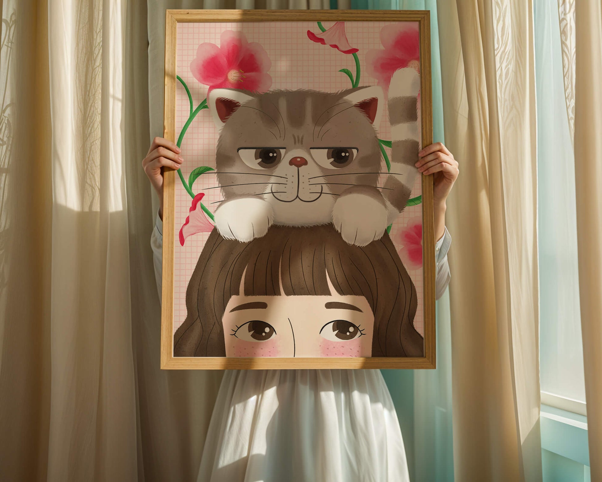 Illustration of a cat sitting on a person's head with pink flowers