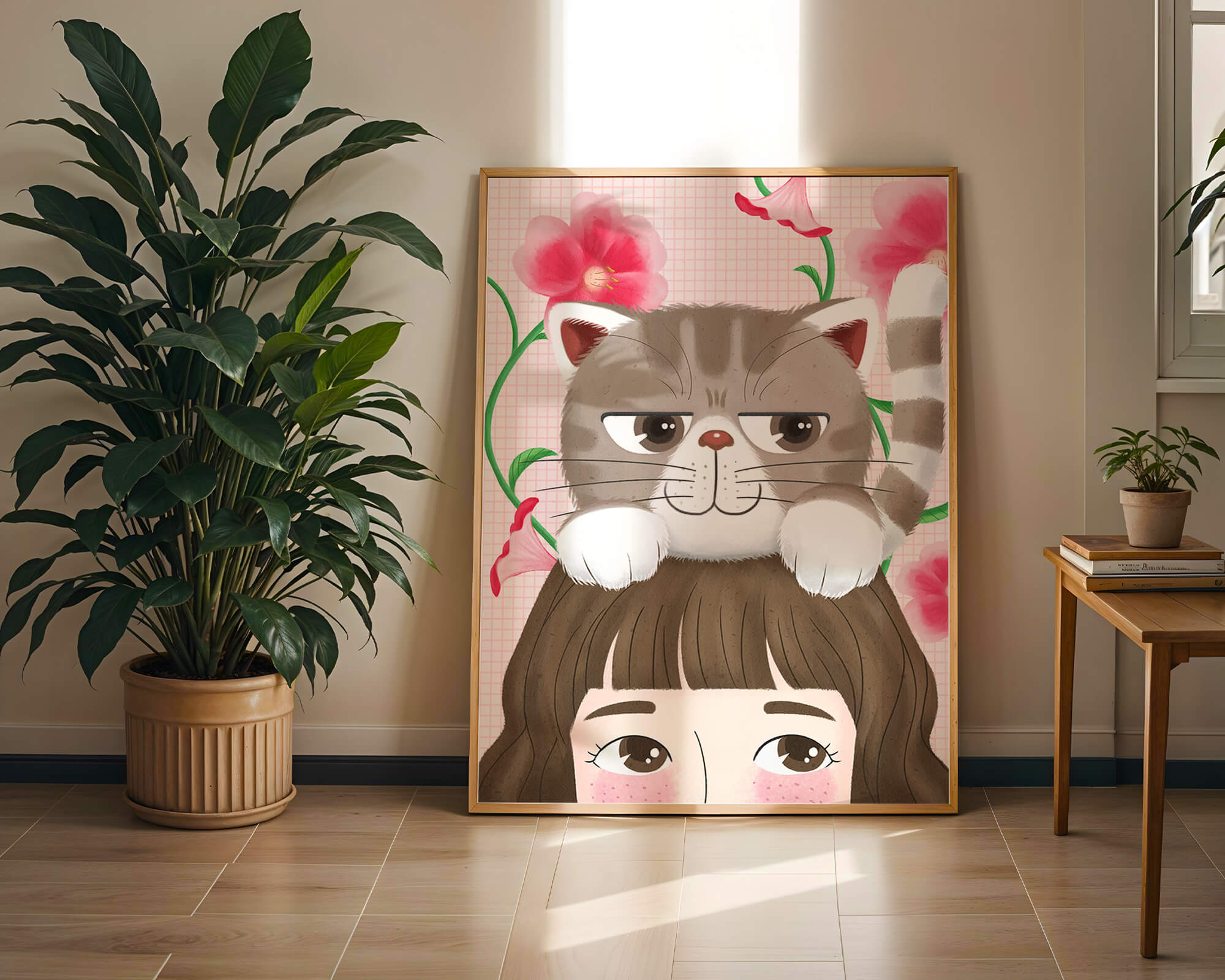 Illustration of a cat sitting on a person's head with pink flowers